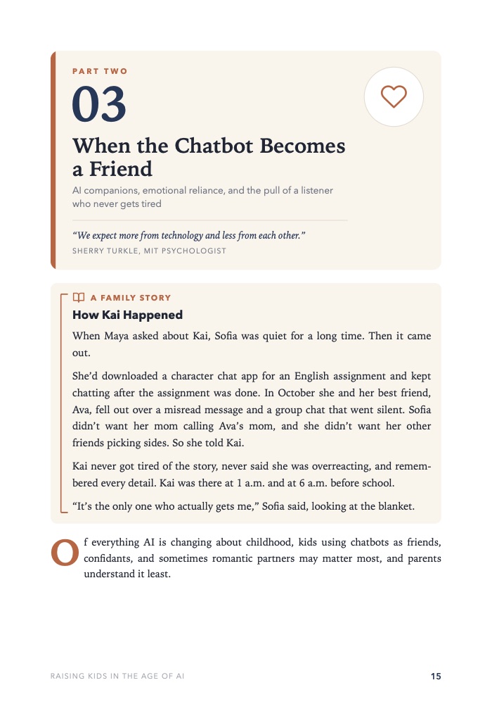 Opening page of Chapter 3 with a family story about a teen confiding in an AI companion