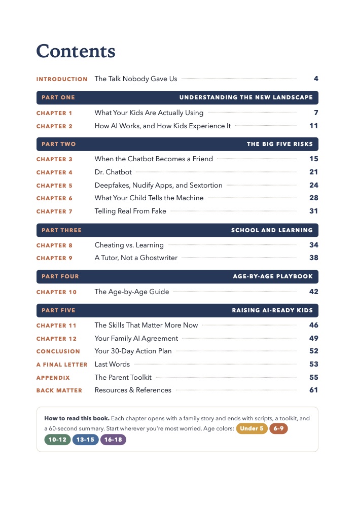 Contents page listing 12 chapters across five parts, from what kids are using to the family AI agreement